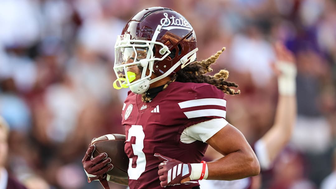 Mississippi State Bulldogs wide receiver Anthony Evans III (3) scores a touchdown during the first half against the Alcorn State Braves  at Davis Wade Stadium at Scott Field.
