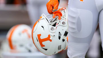 Sep 1, 2018; Charlotte, NC, USA; A Tennessee Volunteers player holds their helmet along the sidelines during the second quarter at Bank of America Stadium. Mandatory Credit: Ben Queen-Imagn Images