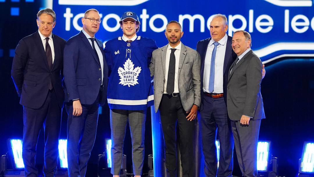 Jun 28, 2024; Las Vegas, Nevada, USA; Ben Danford is selected by the Toronto Maple Leafs with the 31st overall pick in the first round of the 2024 NHL Draft at The Sphere. Mandatory Credit: Stephen R. Sylvanie-Imagn Images