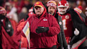 Jan 13, 2024; Kansas City, Missouri, USA; Kansas City Chiefs head coach Andy Reid watches game action against the Miami Dolphins during the second half of the 2024 AFC wild card game at GEHA Field at Arrowhead Stadium. Mandatory Credit: Denny Medley-Imagn Images