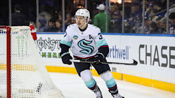 Dec 8, 2024; New York, New York, USA; Seattle Kraken left wing Yanni Gourde (37) skates behind the net during the third period against the New York Rangers at Madison Square Garden. Mandatory Credit: Danny Wild-Imagn Images