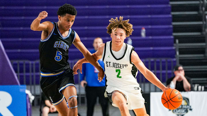 The St. Joseph Knights compete against the Gibbs Gladiators in the City of Palms Classic sunshine series championship game at Suncoast Credit Union Arena in Fort Myers, Fla., on Saturday, Dec. 21, 2024.
