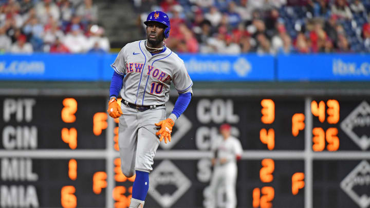 Sep 24, 2023; Philadelphia, Pennsylvania, USA; New York Mets shortstop Ronny Mauricio (10) runs the bases after hitting a two run home run during the sixth inning against the Philadelphia Phillies at Citizens Bank Park. Mandatory Credit: Eric Hartline-USA TODAY Sports