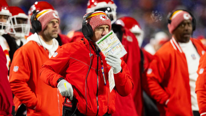 Jan 21, 2024; Orchard Park, New York, USA; Kansas City Chiefs defensive coordinator Steve Spagnuolo during the first half for the 2024 AFC divisional round game at Highmark Stadium. Mandatory Credit: Mark J. Rebilas-USA TODAY Sports