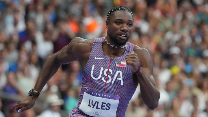 Aug 7, 2024; Saint-Denis, FRANCE; Noah Lyles (USA) in the men's 200m semifinals during the Paris 2024 Olympic Summer Games at Stade de France. Mandatory Credit: Kirby Lee-USA TODAY Sports