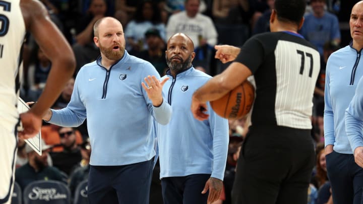 Mar 12, 2024; Memphis, Tennessee, USA; Memphis Grizzlies head coach Taylor Jenkins reacts toward an official after not be awarded a time out during the second half against the Charlotte Hornets at FedExForum. Mandatory Credit: Petre Thomas-USA TODAY Sports