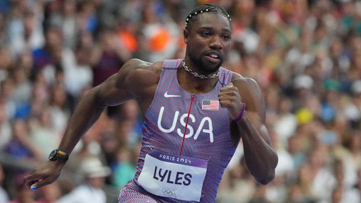 Noah Lyles (USA) in the men's 200m semifinals during the Paris 2024 Olympic Summer Games at Stade de France. 