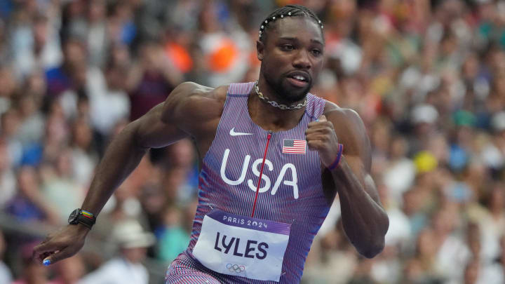 Aug 7, 2024; Saint-Denis, FRANCE; Noah Lyles (USA) in the men's 200m semifinals during the Paris 2024 Olympic Summer Games at Stade de France.