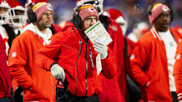 Jan 21, 2024; Orchard Park, New York, USA; Kansas City Chiefs defensive coordinator Steve Spagnuolo during the first half for the 2024 AFC divisional round game at Highmark Stadium. Mandatory Credit: Mark J. Rebilas-Imagn Images