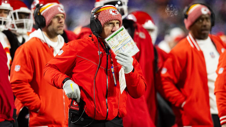 Jan 21, 2024; Orchard Park, New York, USA; Kansas City Chiefs defensive coordinator Steve Spagnuolo during the first half for the 2024 AFC divisional round game at Highmark Stadium. Mandatory Credit: Mark J. Rebilas-Imagn Images