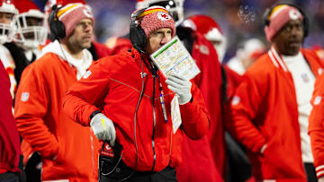 Jan 21, 2024; Orchard Park, New York, USA; Kansas City Chiefs defensive coordinator Steve Spagnuolo during the first half for the 2024 AFC divisional round game at Highmark Stadium. Mandatory Credit: Mark J. Rebilas-Imagn Images