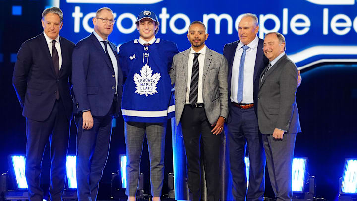Jun 28, 2024; Las Vegas, Nevada, USA; Ben Danford is selected by the Toronto Maple Leafs with the 31st overall pick in the first round of the 2024 NHL Draft at The Sphere. Mandatory Credit: Stephen R. Sylvanie-Imagn Images