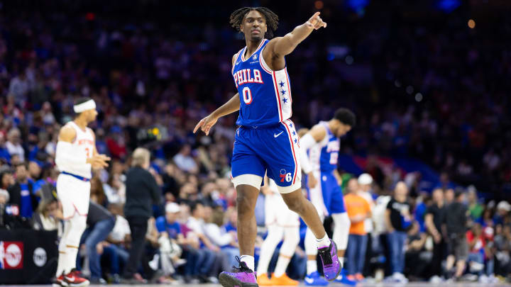 May 2, 2024; Philadelphia, Pennsylvania, USA; Philadelphia 76ers guard Tyrese Maxey (0) during game six of the first round for the 2024 NBA playoffs against the New York Knicks at Wells Fargo Center. Mandatory Credit: Bill Streicher-USA TODAY Sports