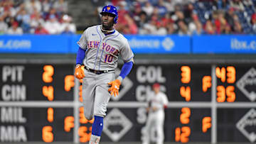 Sep 24, 2023; Philadelphia, Pennsylvania, USA; New York Mets shortstop Ronny Mauricio (10) runs the bases after hitting a two run home run during the sixth inning against the Philadelphia Phillies at Citizens Bank Park. Mandatory Credit: Eric Hartline-Imagn Images