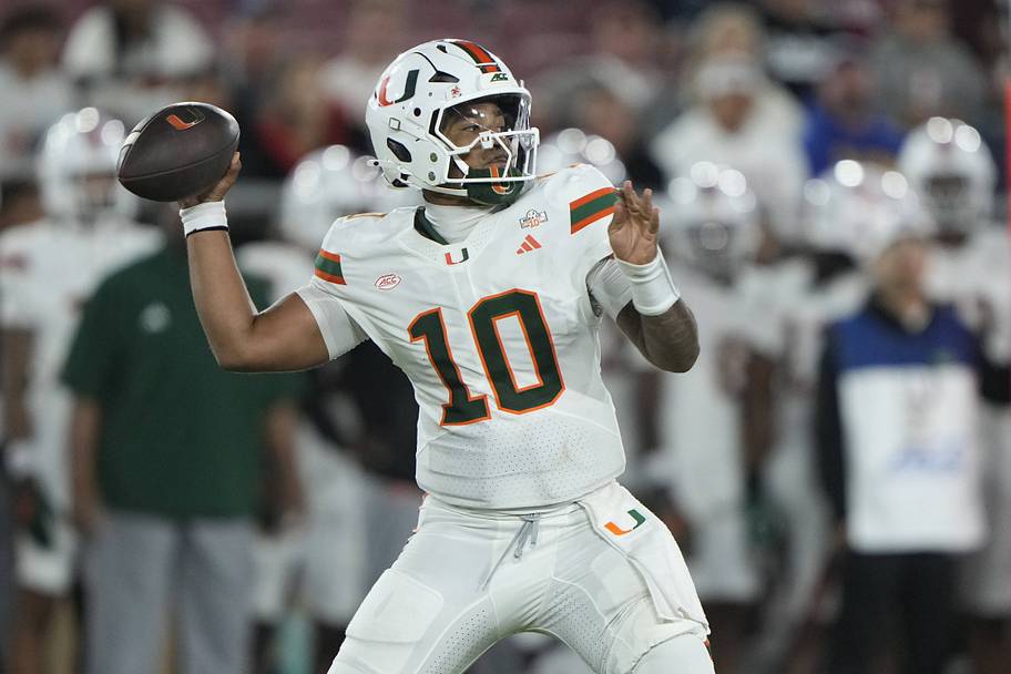 Miami quarterback Darian Mensah stands in the pocket against Stanford.