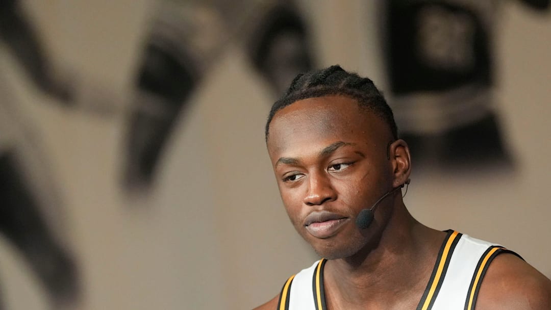 Oct 15, 2025; Birmingham, Alabama, USA; Missouri player Mark Mitchell sits for a TV interview at SEC Media Day in the Grand Bohemian Hotel.