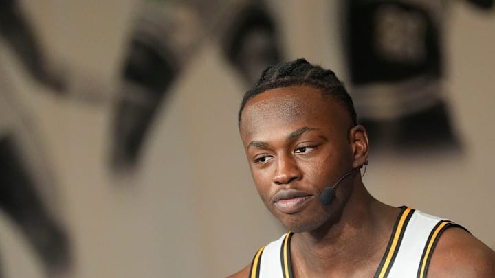 Oct 15, 2025; Birmingham, Alabama, USA; Missouri player Mark Mitchell sits for a TV interview at SEC Media Day in the Grand Bohemian Hotel.