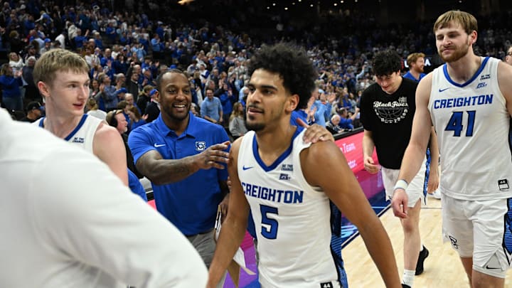 Creighton Bluejays guard Nik Graves (5) walks off the court after the win against the Seton Hall Pirates at CHI Health Center Omaha.