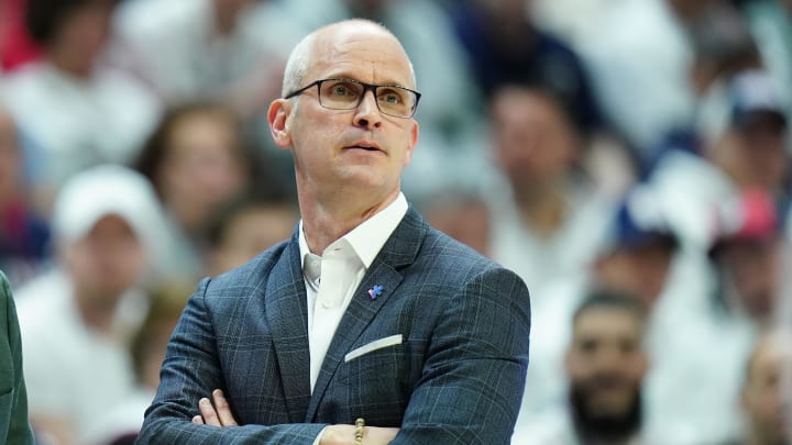 Feb 24, 2024; Storrs, Connecticut, USA; UConn Huskies head coach Dan Hurley watches from the sideline as they take on the Villanova Wildcats at Harry A. Gampel Pavilion. Mandatory Credit: David Butler II-USA TODAY Sports