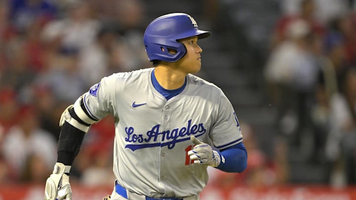 Sep 4, 2024; Anaheim, California, USA;  Los Angeles Dodgers designated hitter Shohei Ohtani (17) flies out in the third inning against the Los Angeles Angels at Angel Stadium. Mandatory Credit: Jayne Kamin-Oncea-Imagn Images