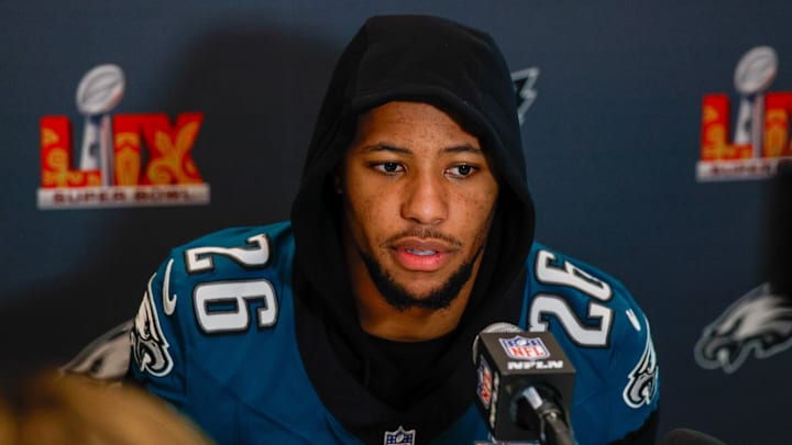 Feb 6, 2025; New Orleans, LA, USA;  Philadelphia Eagles running back Saquon Barkley (26) during a press conference in advance of Super Bowl LIX at New Orleans Marriott. Mandatory Credit: Stephen Lew-Imagn Images