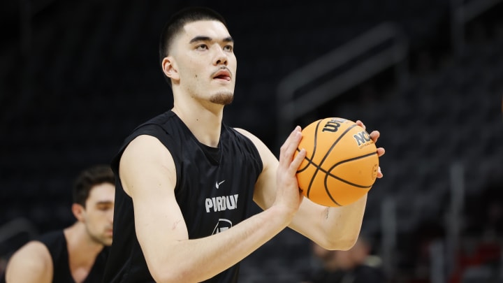 Purdue Boilermakers center Zach Edey shoots the ball during NCAA Tournament practice