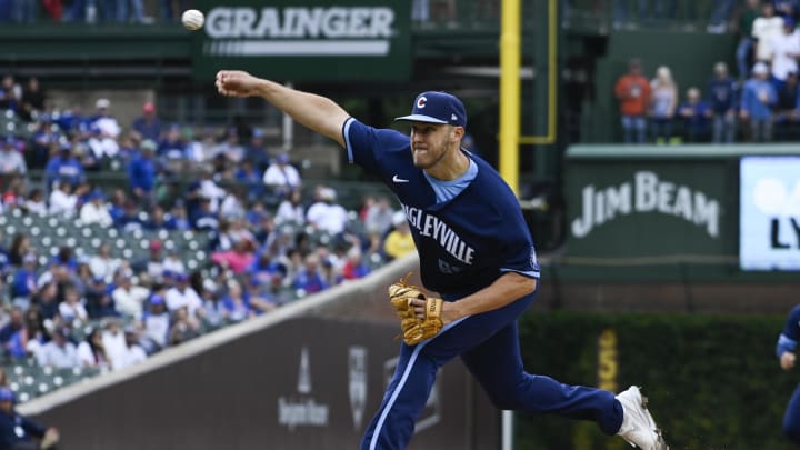 Sep 8, 2023; Chicago, Illinois, USA;  Chicago Cubs starting pitcher Jameson Taillon (50) delivers a pitch against the Arizona Diamondbacks during the first inning at Wrigley Field