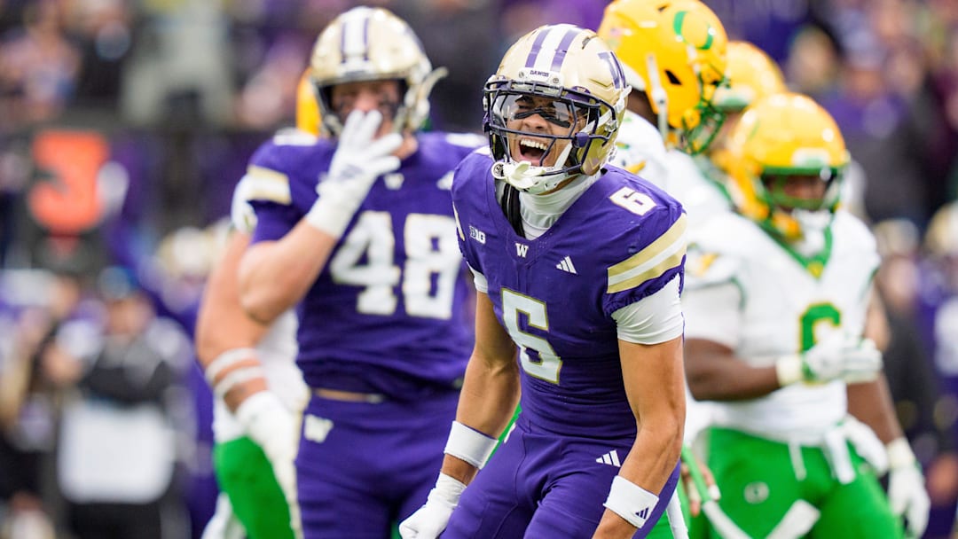 Washington cornerback Dylan Robinson celebrates a sack as the Oregon Ducks take on the Washington Huskies on Nov. 29, 2025, at Husky Stadium in Seattle, Washington.