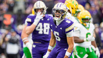 Washington cornerback Dylan Robinson celebrates a sack as the Oregon Ducks take on the Washington Huskies on Nov. 29, 2025, at Husky Stadium in Seattle, Washington.