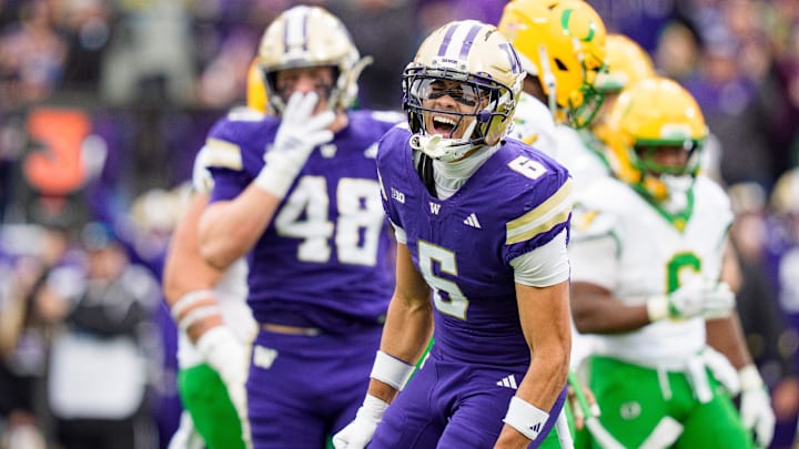 Washington cornerback Dylan Robinson celebrates a sack as the Oregon Ducks take on the Washington Huskies on Nov. 29, 2025, at Husky Stadium in Seattle, Washington.