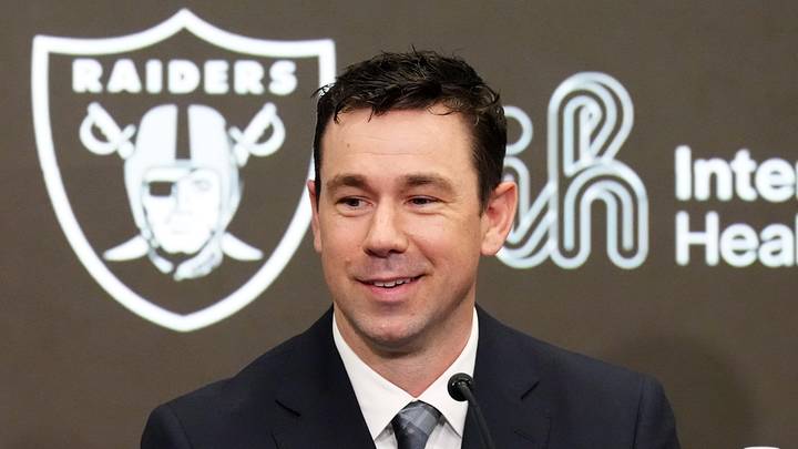 Las Vegas Raiders coach Klint Kubiak speaks at introductory press conference.