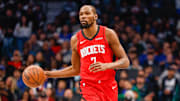 Dec 6, 2025; Dallas, Texas, USA; Houston Rockets forward Kevin Durant (7) brings the ball up the court during the first quarter against the Dallas Mavericks at American Airlines Center. Mandatory Credit: Andrew Dieb-Imagn Images