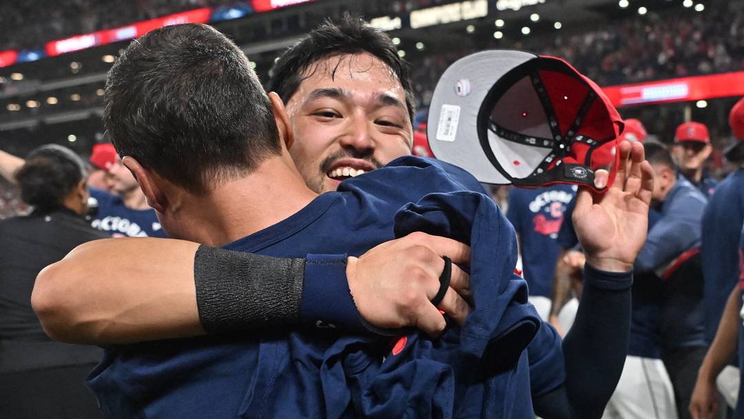 Sep 27, 2025; Cleveland, Ohio, USA; Cleveland Guardians left fielder Steven Kwan (38) hugs president of baseball operations Chris Antonetti after the Guardians beat the Texas Rangers to secure a playoff berth at Progressive Field. Mandatory Credit: Ken Blaze-Imagn Images Sep 27, 2025; Cleveland, Ohio, USA; Cleveland Guardians left fielder Steven Kwan (38) hugs president of baseball operations Chris Antonetti after the Guardians beat the Texas Rangers to secure a playoff berth at Progressive Field. Mandatory Credit: Ken Blaze-Imagn Images