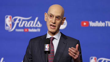 Jun 5, 2025; Oklahoma City, Oklahoma, USA; NBA commissioner Adam Silver speaks to the media before game one between the Oklahoma City Thunder and the Indiana Pacers in the 2025 NBA Finals at Paycom Center. Mandatory Credit: Alonzo Adams-Imagn Images