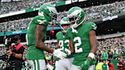Oct 26, 2025; Philadelphia, Pennsylvania, USA; Philadelphia Eagles wide receiver Jahan Dotson (2) celebrates with wide receiver DeVonta Smith (6) after scoring a touchdown against the New York Giants in the fourth quarter at Lincoln Financial Field. Mandatory Credit: Eric Hartline-Imagn Images