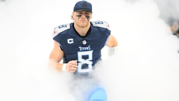 Dec 15, 2024; Nashville, Tennessee, USA;  Tennessee Titans Will Levis (8) takes the field during intros against the Cincinnati Bengals at Nissan Stadium. Mandatory Credit: Steve Roberts-Imagn Images