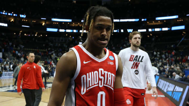 Mar 20, 2022; Pittsburgh, PA, USA; Ohio State Buckeyes guard Meechie Johnson Jr. (0) reacts against the Villanova Wildcats in the second half during the second round of the 2022 NCAA Tournament at PPG Paints Arena. Mandatory Credit: Charles LeClaire-USA TODAY Sports