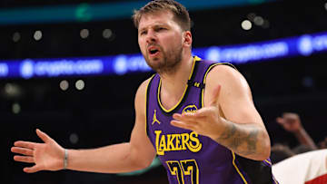  Los Angeles Lakers guard Luka Doncic (77) reacts to a play during the third quarter against the Houston Rockets at Crypto.com Arena.