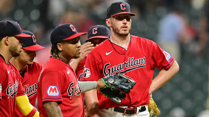 Sep 5, 2023: Cleveland Guardians relief pitcher Trevor Stephan (37) waits to be relieved during the eighth inning against the Minnesota Twins at Progressive Field. 