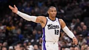 Nov 5, 2025; Sacramento, California, USA; Sacramento Kings guard Russell Westbrook (18) celebrates after scoring against the Golden State Warriors during the second quarter at Golden 1 Center. Mandatory Credit: Ed Szczepanski-Imagn Images