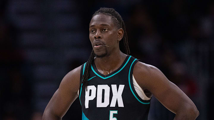 Feb 28, 2026; Charlotte, North Carolina, USA; Portland Trail Blazers guard Jrue Holiday (5) looks on during the second half against the Charlotte Hornets at Spectrum Center. Mandatory Credit: Scott Kinser-Imagn Images