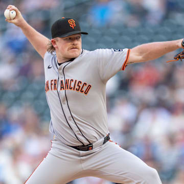 May 10, 2025; Minneapolis, Minnesota, USA; San Francisco Giants starting pitcher Logan Webb (62) pitches to Minnesota Twins outfielder Byron Buxton (25) in the first inning at Target Field. 