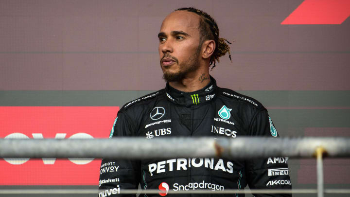 Oct 22, 2023; Austin, Texas, USA; Mercedes AMG Petronas Motorsport driver Lewis Hamilton (44) of Team Great Britain on podium after the 2023 United States Grand Prix at Circuit of the Americas. Mandatory Credit: Jerome Miron-USA TODAY Sports