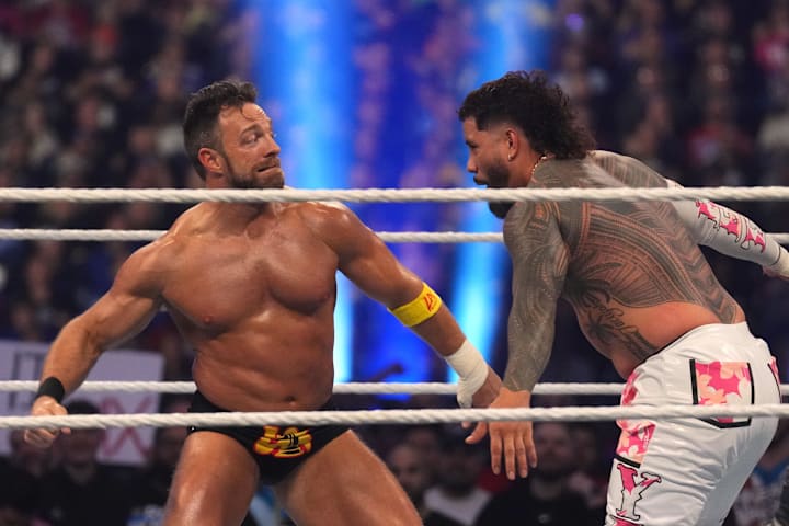 LA Knight and Jey Uso during the Men’s Royal Rumble match during the WWE Royal Rumble at Lucas Oil Stadium.
