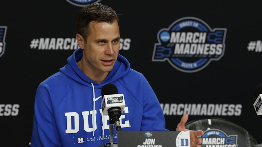 Duke Blue Devils head coach Jon Scheyer speaks with the media during a press conference at the men’s NCAA tournament.