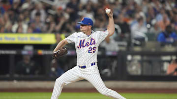 Aug 5, 2025; New York City, New York, USA;  New York Mets pitcher Brooks Raley (25) delivers a pitch against the Cleveland Guardians during the eighth inning at Citi Field. Mandatory Credit: Gregory Fisher-Imagn Images