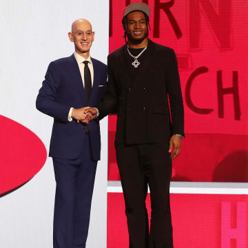 Jun 22, 2023; Brooklyn, NY, USA; Cam Whitmore (Villanova) with NBA commissioner Adam Silver after being selected twentieth by the Houston Rockets in the first round of the 2023 NBA Draft at Barclays Arena. Mandatory Credit: Wendell Cruz-USA TODAY Sports