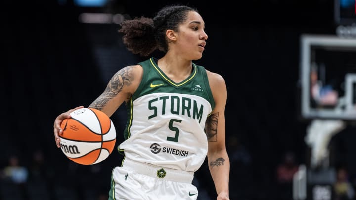 May 29, 2022; Seattle, Washington, USA; Seattle Storm forward Gabby Williams (5) dribbles the ball