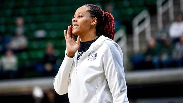 Northwestern's associate head coach Tangela Smith calls out to players during the first quarter in the game against Michigan State on Wednesday, Jan. 17, 2024, at the Breslin Center in East Lansing. Northwestern's associate head coach Tangela Smith calls out to players during the first quarter in the game against Michigan State on Wednesday, Jan. 17, 2024, at the Breslin Center in East Lansing.