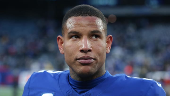 Dec 31, 2023; East Rutherford, New Jersey, USA; New York Giants tight end Darren Waller (12) after a game against the Los Angeles Rams at MetLife Stadium. 
